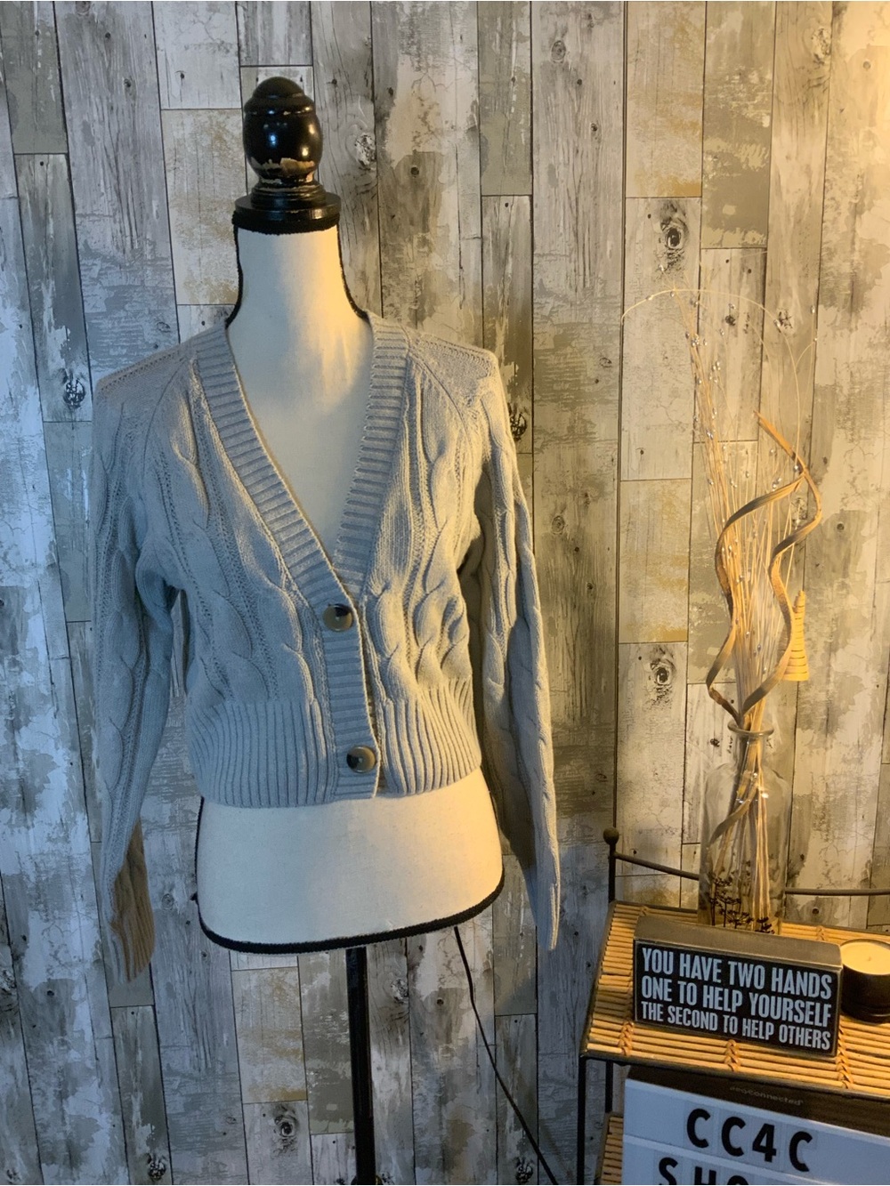 Pink Rose Light Gray Cable Knit V-Neck Button Cardigan